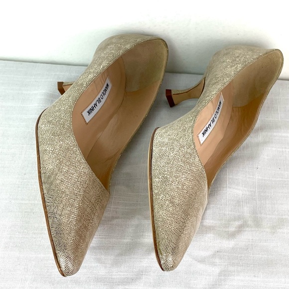 Manolo Blahnik Gold Glitter Fabric Pointy Suede Pumps Size 39 Made in Italy - Picture 4 of 7